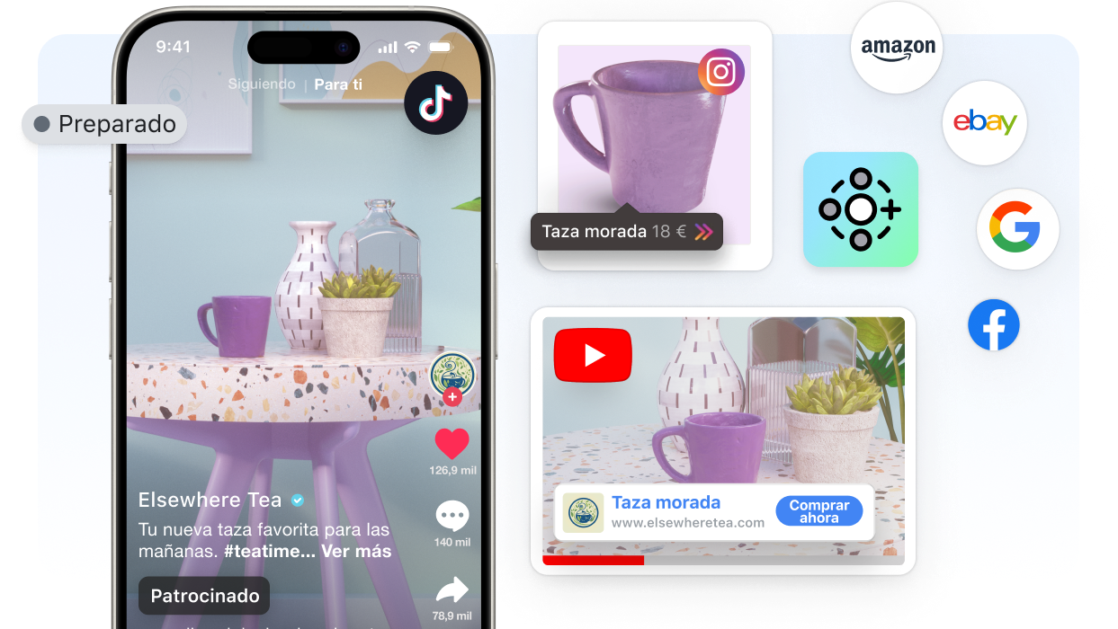 Vista abstracta de una ventana del panel de control de Shopify. Sobre el lado izquierdo de la ventana hay un video patrocinado de TikTok y un Google Ad; en ambos se muestra una taza morada a la venta. Alrededor de las ventanas se muestran los logos de Marketplace Connect, Instagram, YouTube, TikTok, Google Ads, Amazon y eBay en tamaño pequeño.