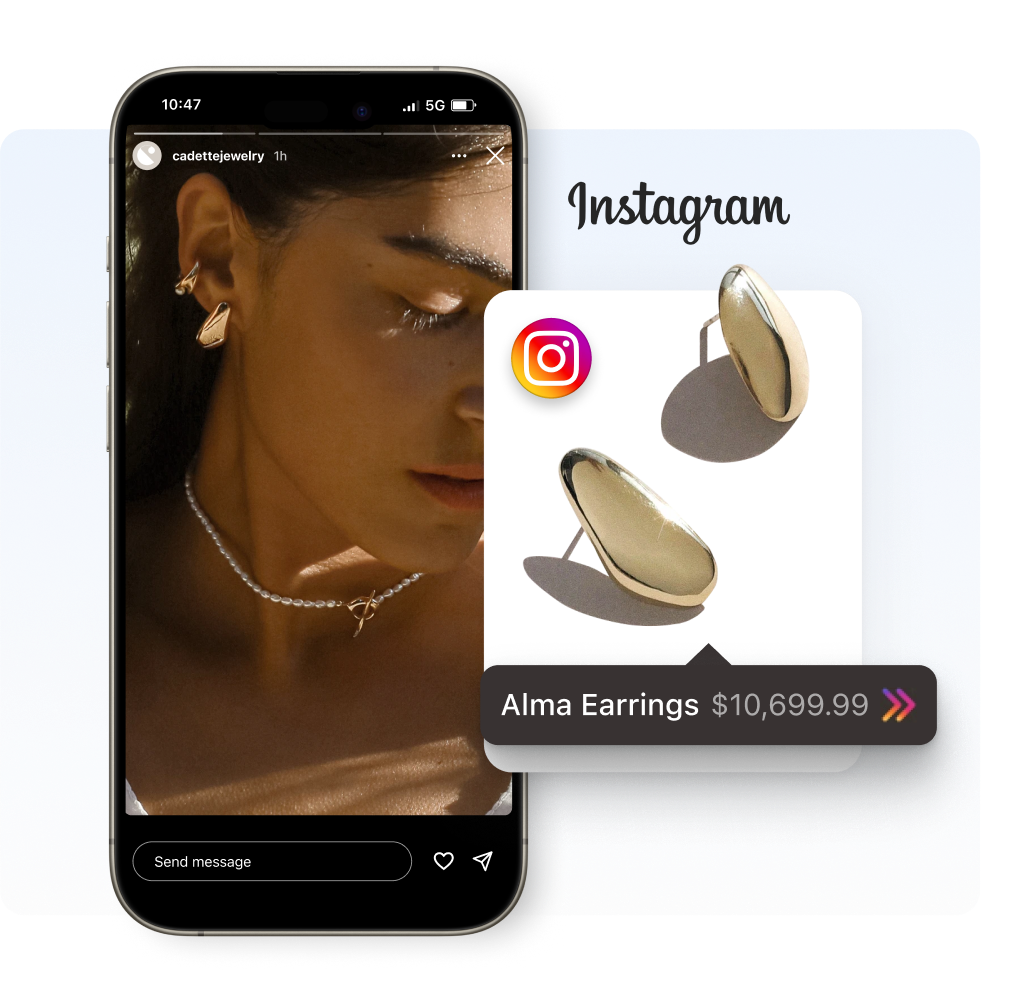 A young female wearing gold earrings and a pearl necklace in an Instagram story. A product card featuring Cadette Jewelry’s Alma earrings with product label overlayed on top.