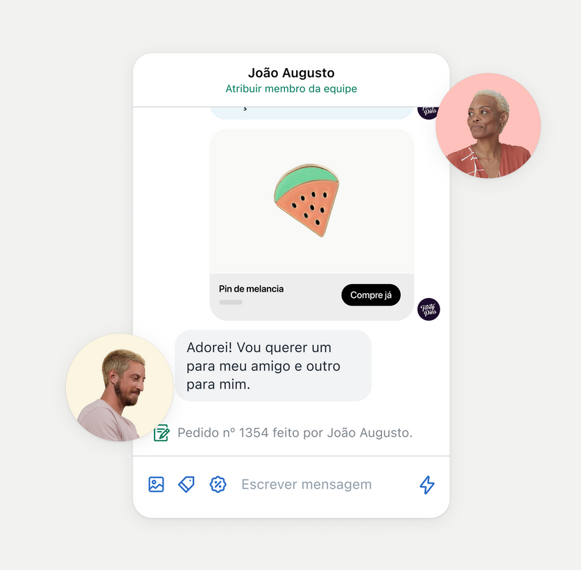 Uma janela de chat aberta mostra uma conversa sobre um pedido entre um membro da equipe da loja e um cliente. A imagem de uma mulher representa os comentários do membro da equipe e a imagem de um homem representa a resposta do cliente.