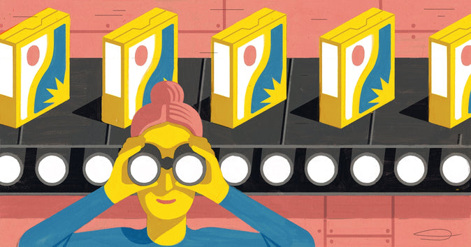 person looking through binoculars with a shelf of products behind them: how to find product ideas