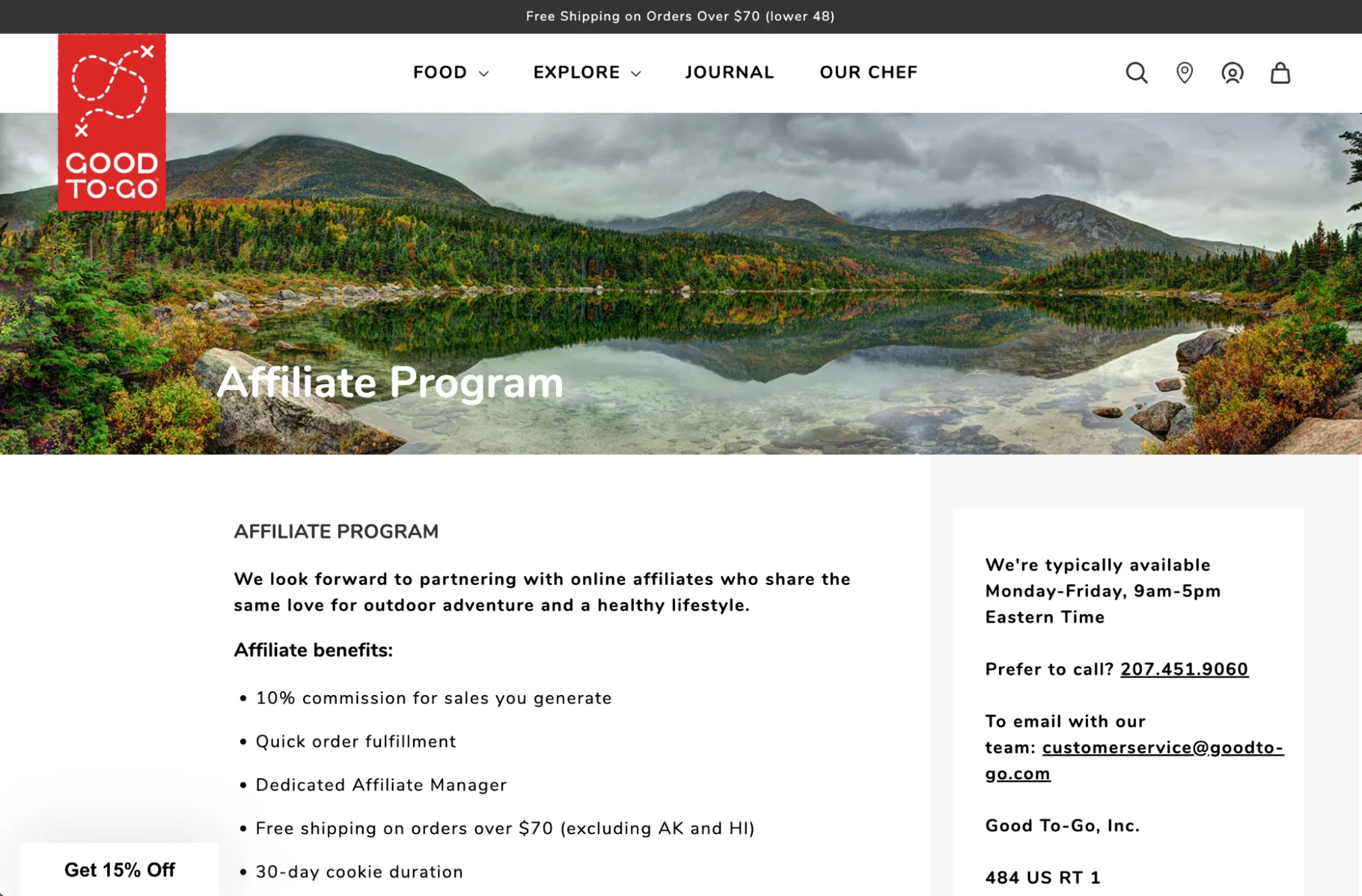 Good To-Go’d affiliate program signup page shows a lush mountain lake and program details.