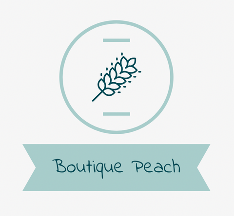 ’Boutique Peach’ in handwritten teal text with a wheat icon in a circle on a light gray background.