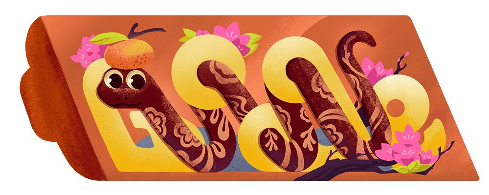 A stylized Google doodle of a snake with floral patterns weaving through ’Google’ with an orange.