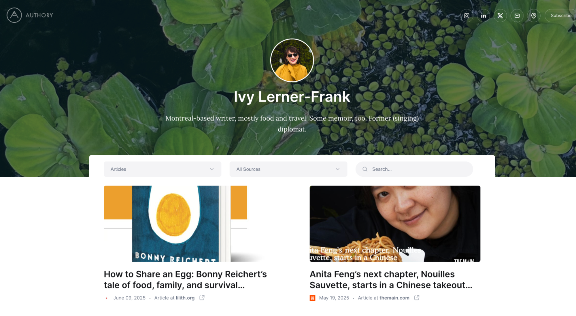 Portfolio for a food journalist showing options to filter samples by source.