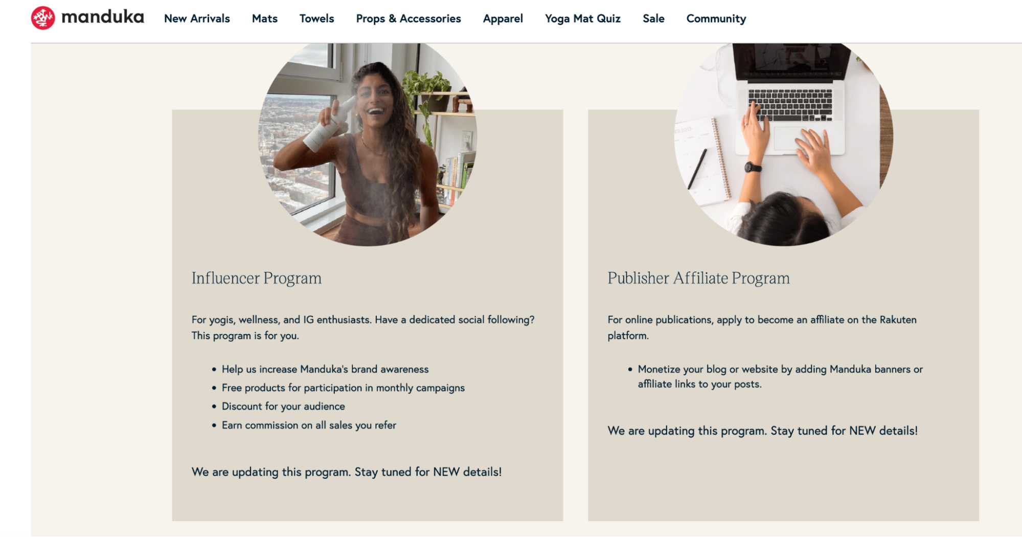 Manduka’s affiliate registration page shows options for influencers and publisher affiliates.