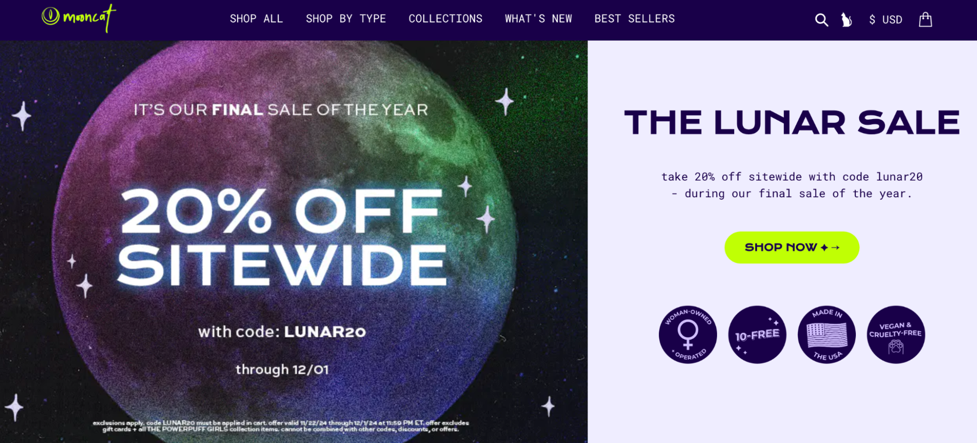 Green and purple close-up of the moon overlaid with the text 20% off sitewide.