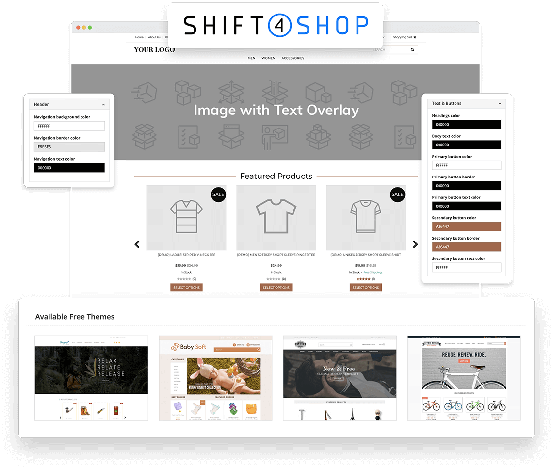 Collage of Shift4Shop online store-building features including free themes