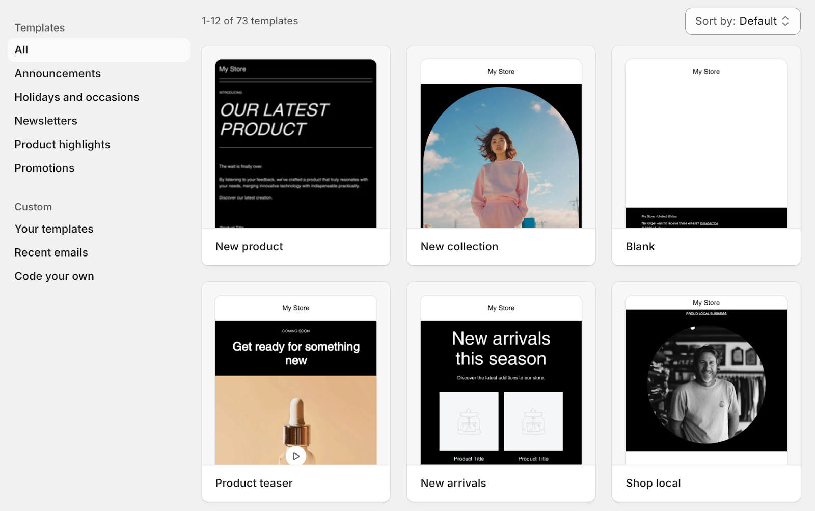Screenshot of Shopify Email templates.