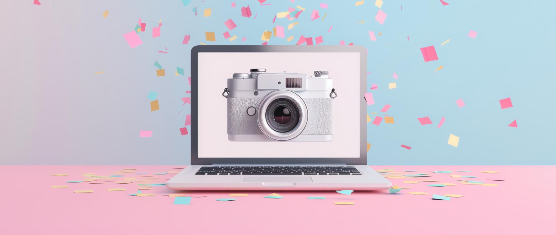 Portátil que muestra una cámara vintage, rodeada de confeti sobre un fondo rosa y azul.
