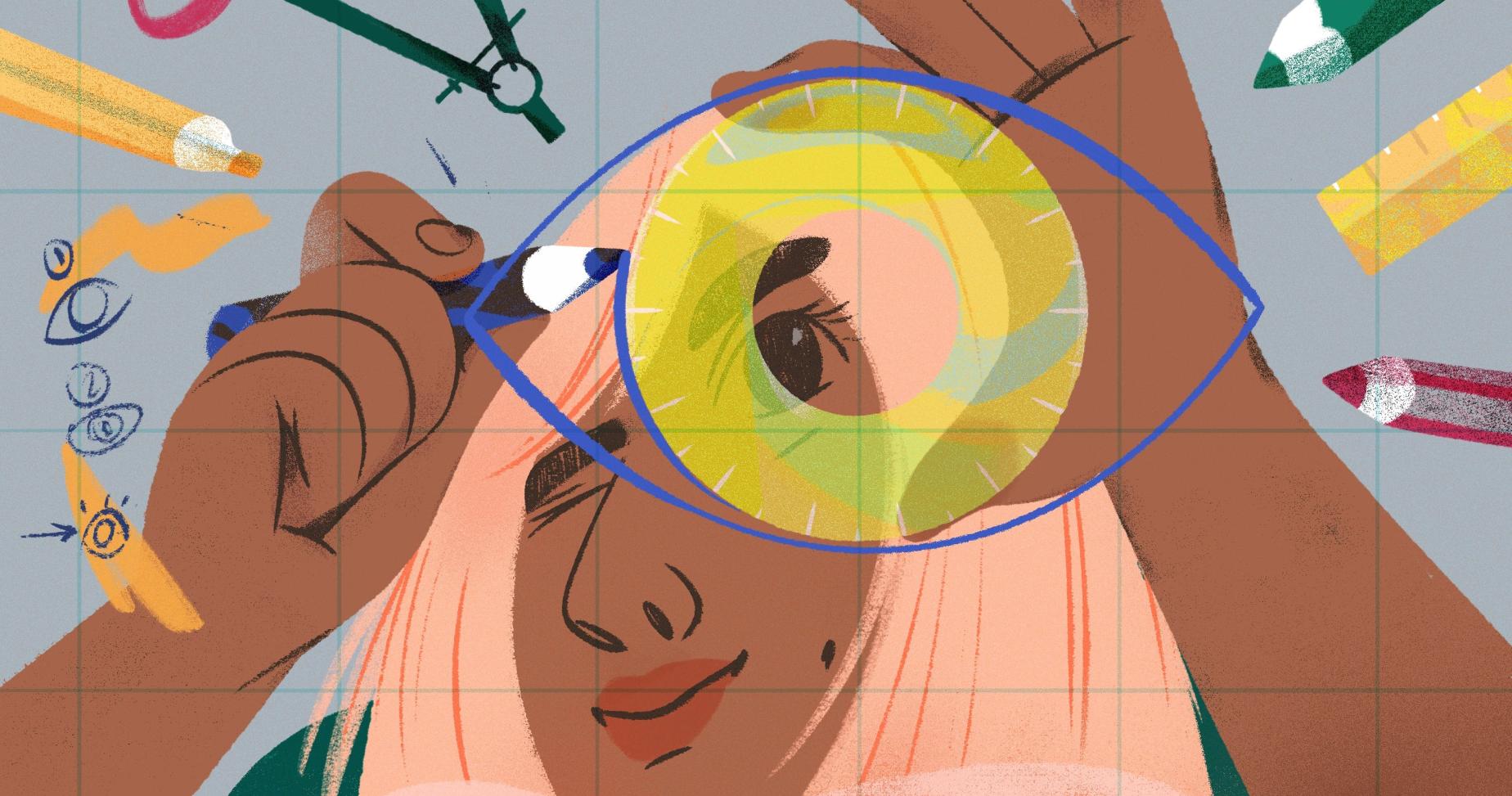 uma mulher desenhando um olho representando a ideia de criar um logotipo